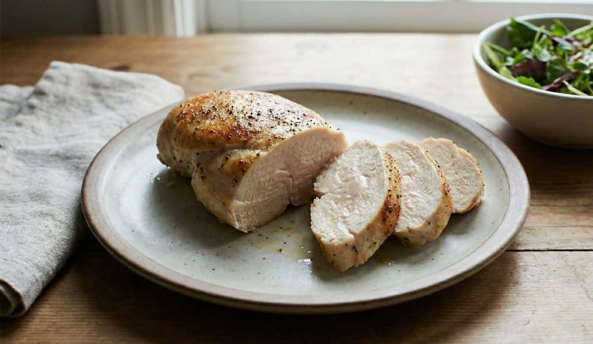 Usmażona pierś z kurczaka pokrojona w poprzek na kilka grubych plastrów, ułożona na rustykalnym, ceramicznym talerzu. Przekrój mięsa pokazuje, że jest ono wilgotne, błyszczące i soczyste w środku. Talerz stoi na drewnianym stole, obok lnianej serwetki i miski z sałatką. Zdjęcie finalnego dania.