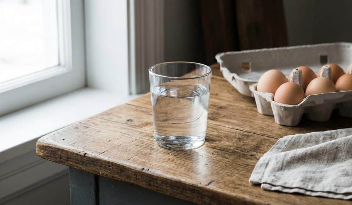 Szklanka z wodą i wytłaczanka z jajkami na drewnianym blacie, gotowe do przeprowadzenia testu.