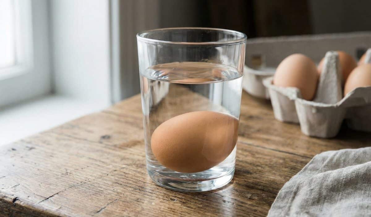Świeże jajko opada na dno szklanki i leży płasko na boku.