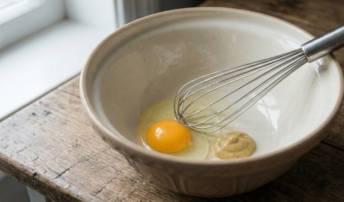 Czysta miska ze świeżym żółtkiem i odrobiną musztardy, gotowa do rozpoczęcia nowej emulsji.