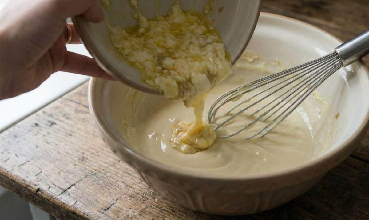 Stopniowe dodawanie zważonego majonezu do nowej bazy i ubijanie, aż powstanie gładki sos.