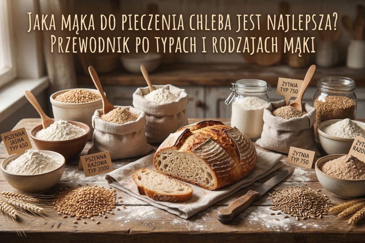 Jaka mąka do pieczenia chleba jest najlepsza? Przewodnik po typach i rodzajach mąki 1 Na blacie różne rodzaje mąki i bochenek świeżo upieczonego chleba