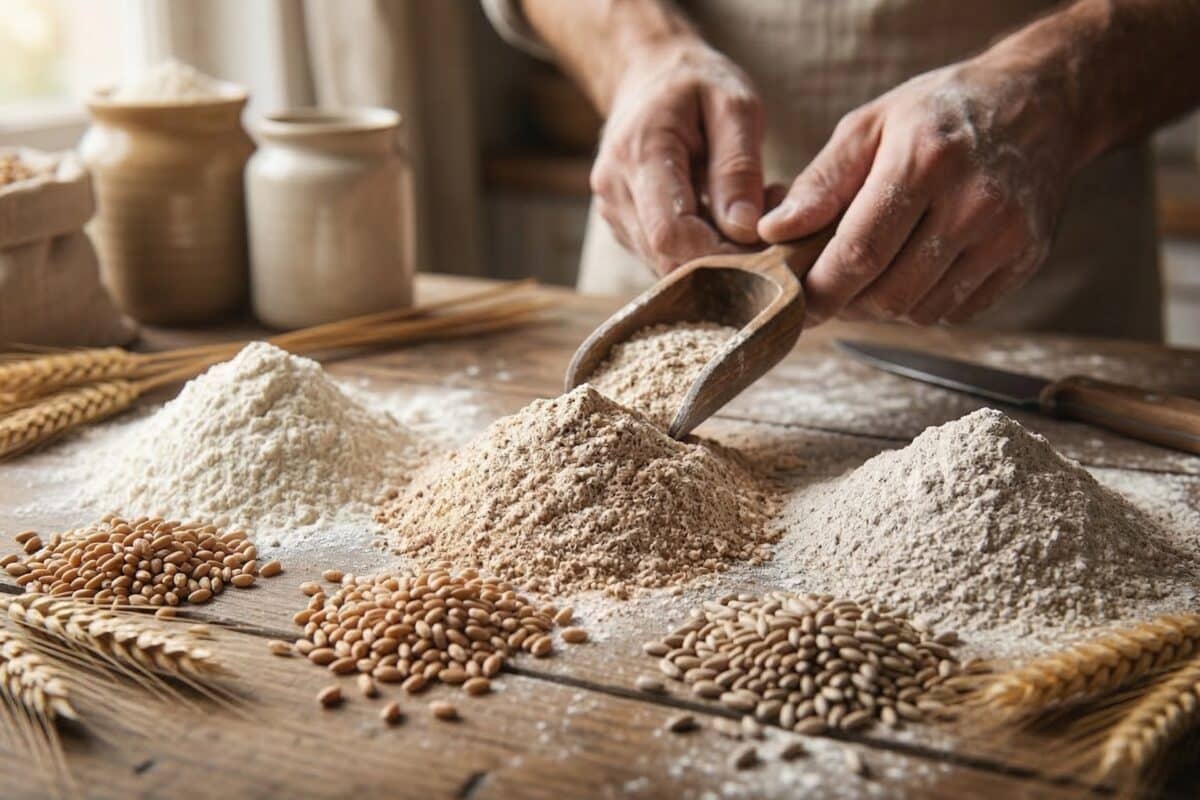 Jaka mąka do pieczenia chleba jest najlepsza? Przewodnik po typach i rodzajach mąki 2 Bliskie ujęcie męskich dłoni obsypanych mąką, trzymających starą, drewnianą czerpnię. Piekarz nabiera ciemną mąkę razową i przesypuje ją do jednego z trzech kopców mąki i ziarna (jasna, razowa, żytnia) ułożonych na zużytym, drewnianym stole piekarskim. W tle widać kłosy zboża i worki jutowe.