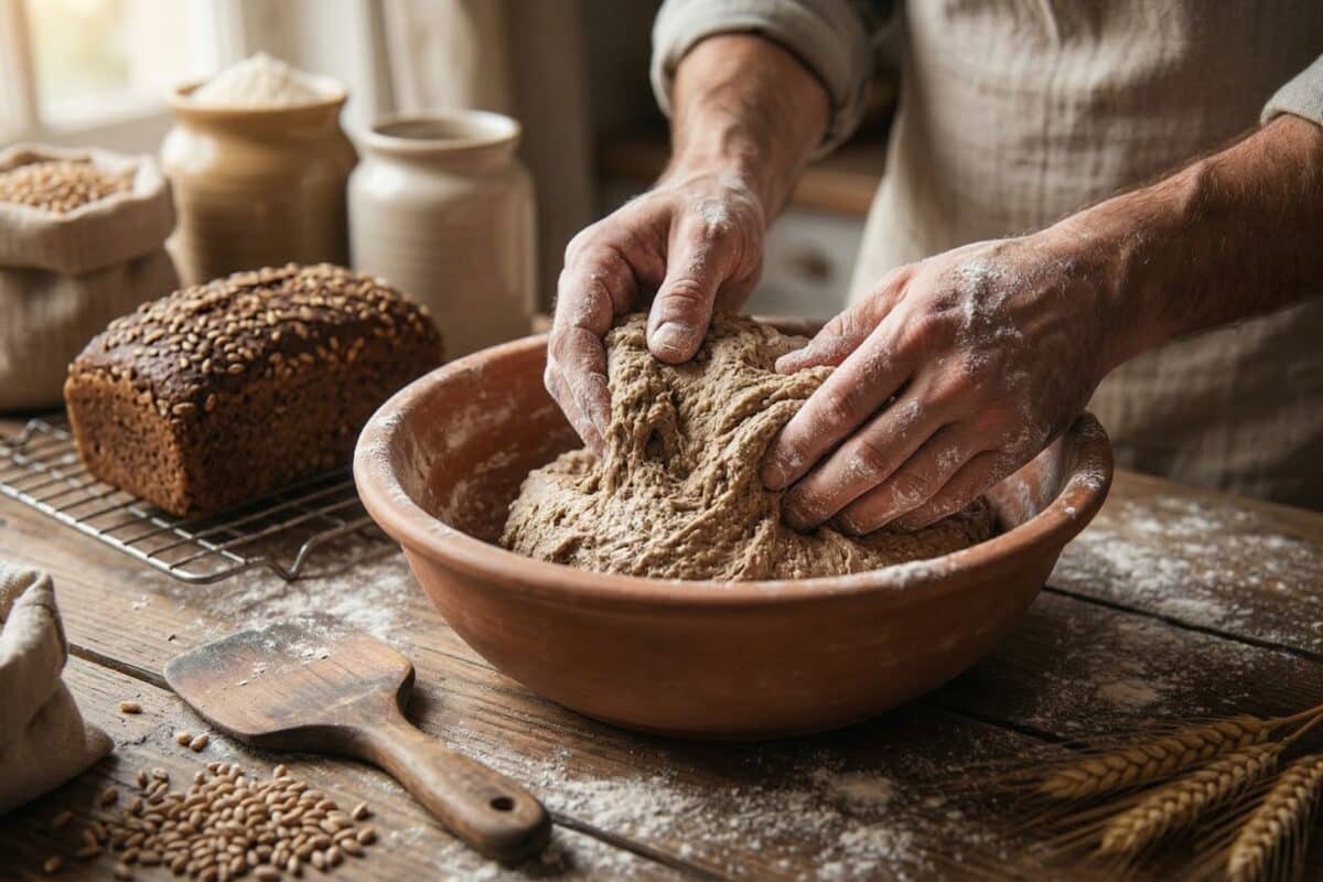 Jaka mąka do pieczenia chleba jest najlepsza? Przewodnik po typach i rodzajach mąki 3 Atmosferyczne zdjęcie zrobione z perspektywy piekarza, pokazujące parę męskich dłoni obsypanych mąką, zagniatających gęste, lepkie, ciemne ciasto żytnie w dużej, nieglazurowanej ceramicznej misie. Misa spoczywa na rustykalnym drewnianym stole, obok leży drewniany skrobak. W tle, na drucianej kratce, chłodzi się inny upieczony, ciemny bochenek żytni z nasionami, oraz worki i słoiki z różnymi nieoznaczonymi mąkami i ziarnami.