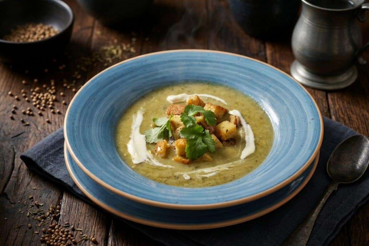 Zbliżenie na apetyczny, niebieski talerz kremowej zupy z cukinii na rustykalnym drewnianym stole. Z zupy unosi się delikatna para, a na wierzchu widać chrupiące grzanki, świeżą miętę i spiralny wzór z kremu. W tle widać metalowy dzbanek i rozsypane składniki.