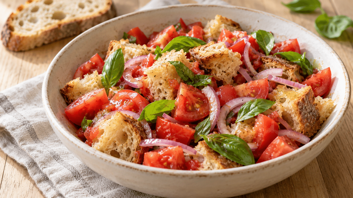 Panzanella z kawałkami chleba, pomidorami, czerwoną cebulą i świeżą bazylią w ceramicznej misce.